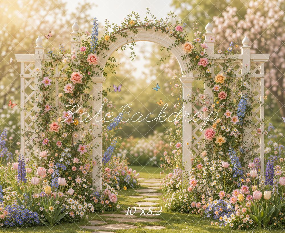 Kate Spring Romantic Flower Arch Garden Pathway Butterflies Printed Backdrop Designed by Emetselch