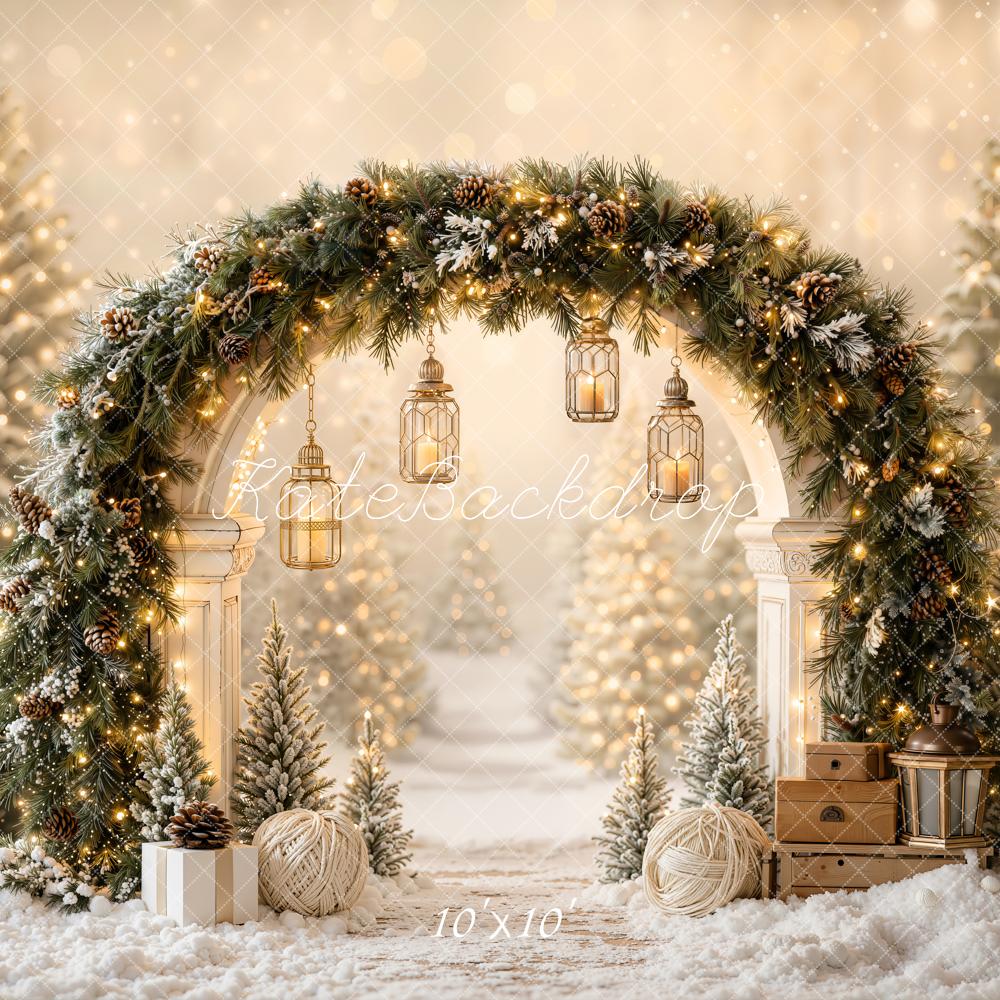 Kate Christmas Garland Arch Lanterns Snowy Trees Printed Backdrop Designed by Emetselch