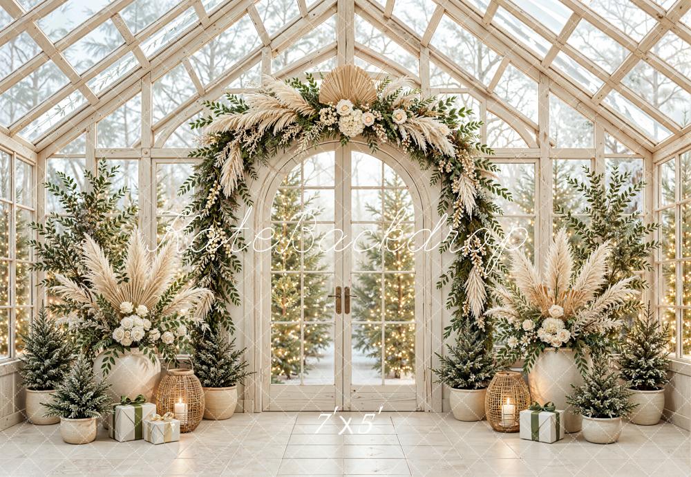 Kate Christmas Greenhouse Boho Floral Arch Evergreen Trees Printed Backdrop Designed by Emetselch