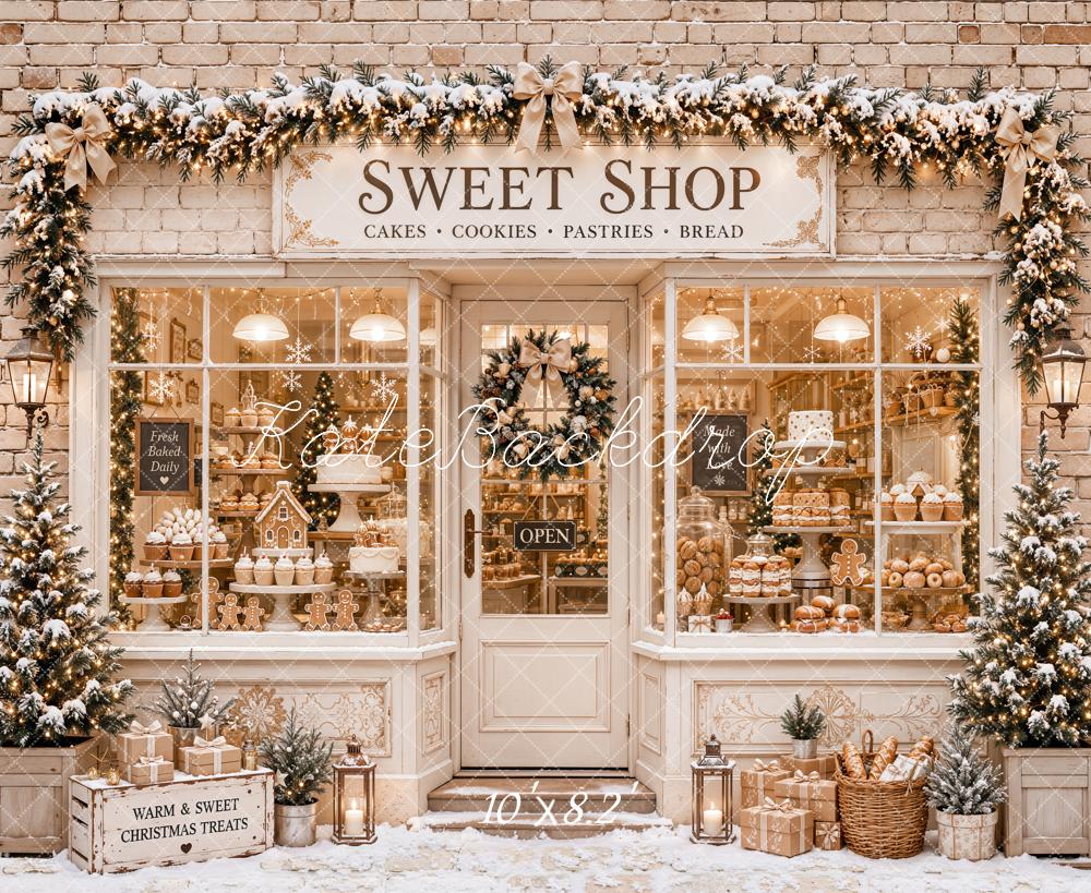 Kate Christmas Sweet Shop Bakery Gingerbread Snow Brick Wall Garland Printed Backdrop Designed by Emetselch