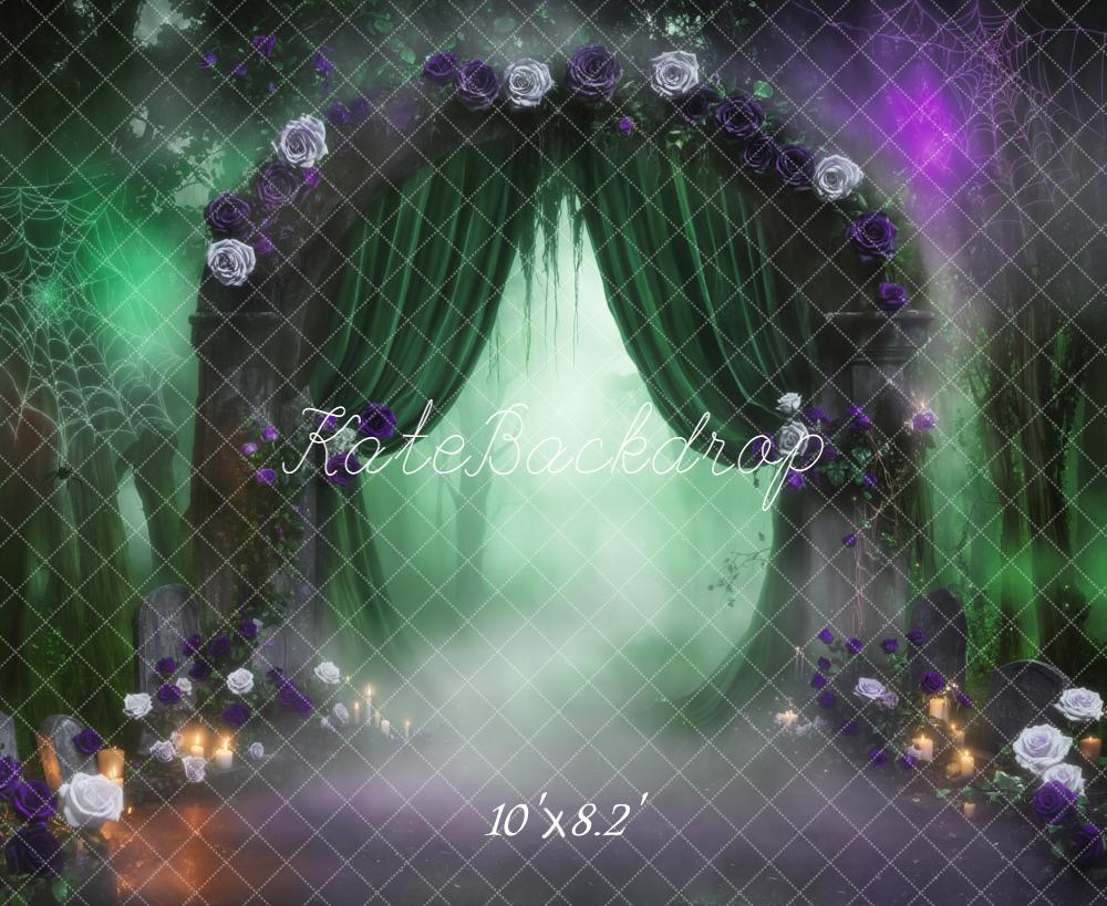 Kate Halloween Gothic Misty Forest Arch Green Curtains Spiderweb Backdrop Designed by Emetselch