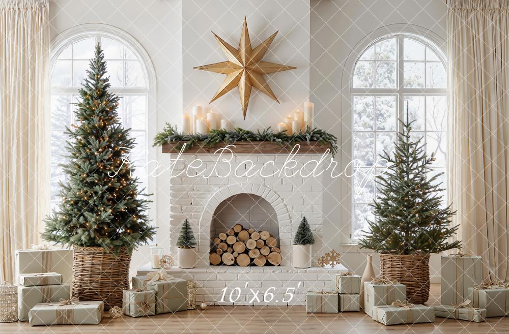 Kate Christmas Rustic White Brick Fireplace Trees Presents Window Printed Backdrop Designed by Emetselch