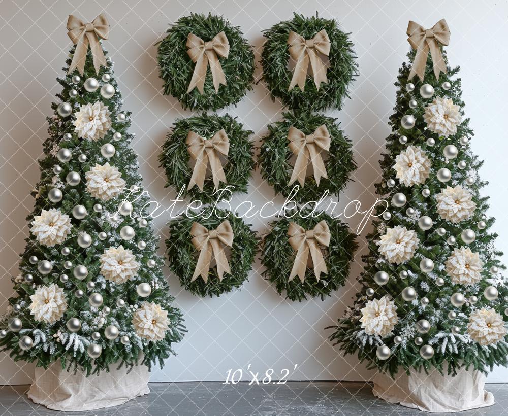 Kate Christmas Trees Wreaths Bow White Backdrop Designed by Mini MakeBelieve