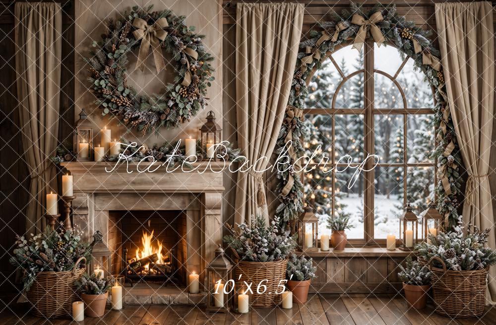 Kate Christmas Rustic Fireplace Window Wreath Printed Backdrop Designed by Emetselch