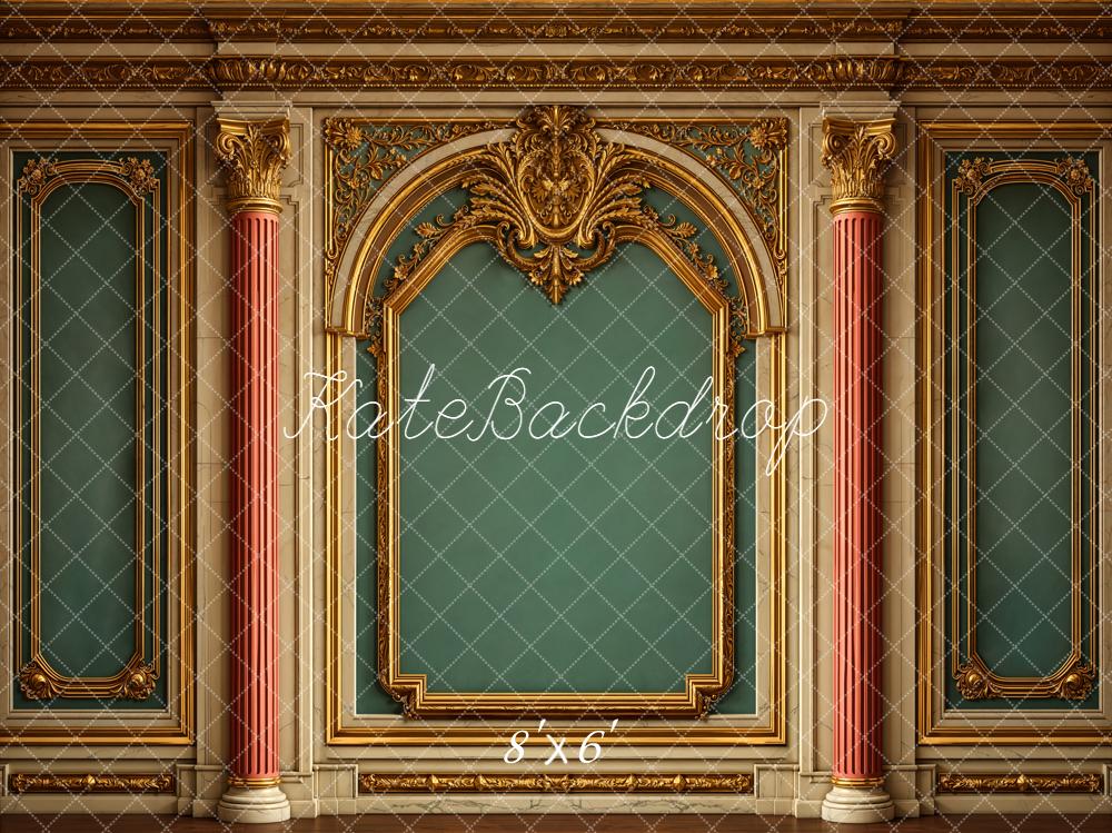 Kate Vintage Ornate Gold Arch Columns Green Wall Printed Backdrop Designed by Emetselch