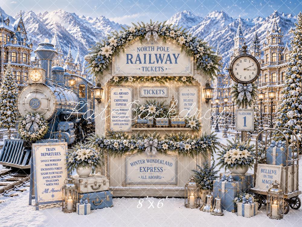 Kate Christmas Polar Train North Pole Railway Blue Snowy Printed Backdrop Designed by Ashley Paul