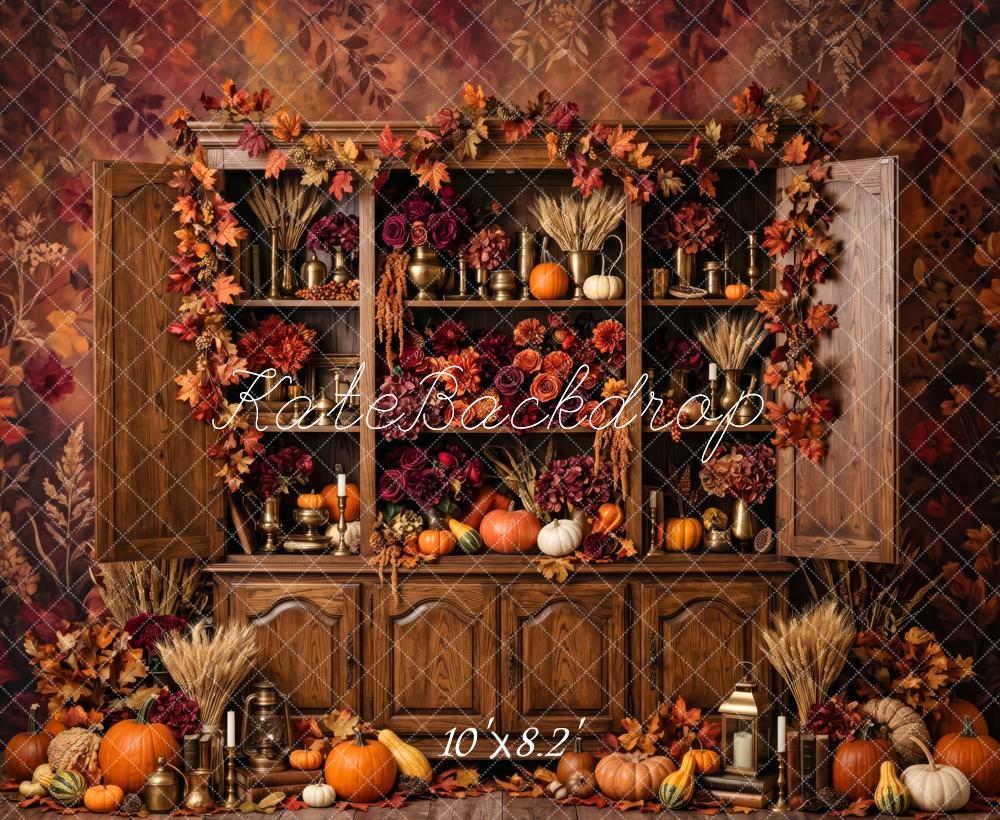Kate Fall Brown Pumpkin Harvest Cabinet Printed Backdrop Designed by Patty Roberts