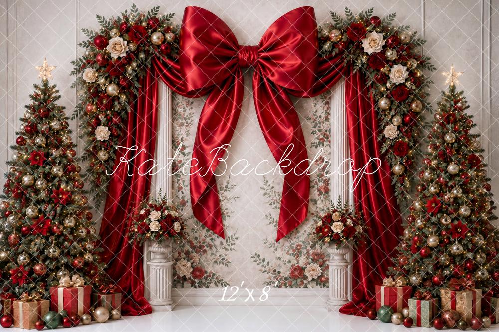 Kate Christmas Red Bow Floral Arch Trees Fine Art Wall Printed Backdrop Designed by Ashley Ward