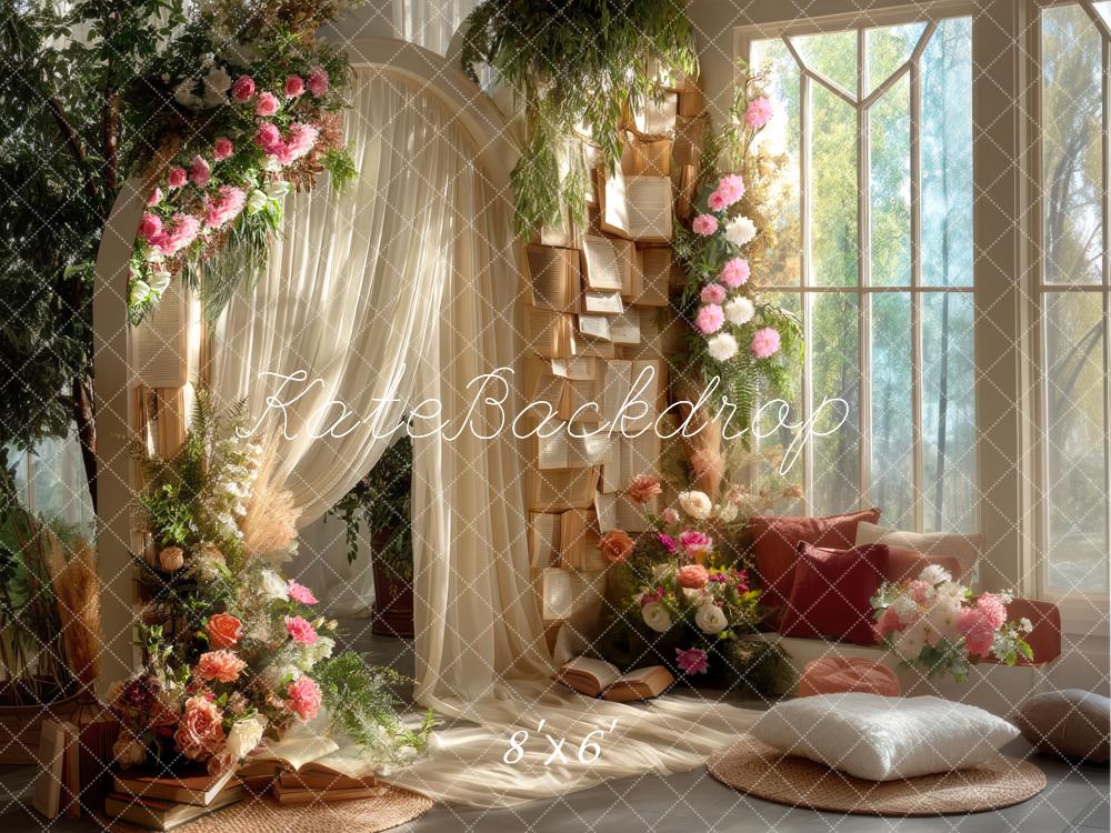 Arcos de flores con cortinas libros ventana acogedora fondo de luz