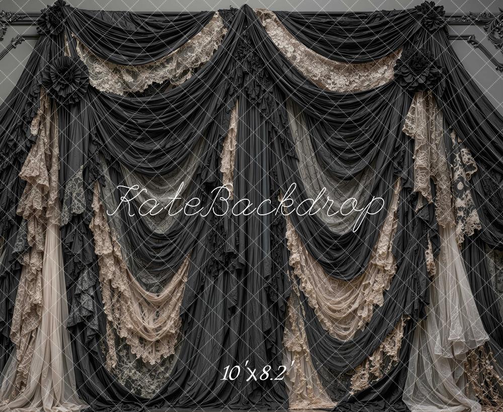 Kate Halloween Black Lace Gothic Draped Curtains Printed Backdrop Designed by Mini MakeBelieve