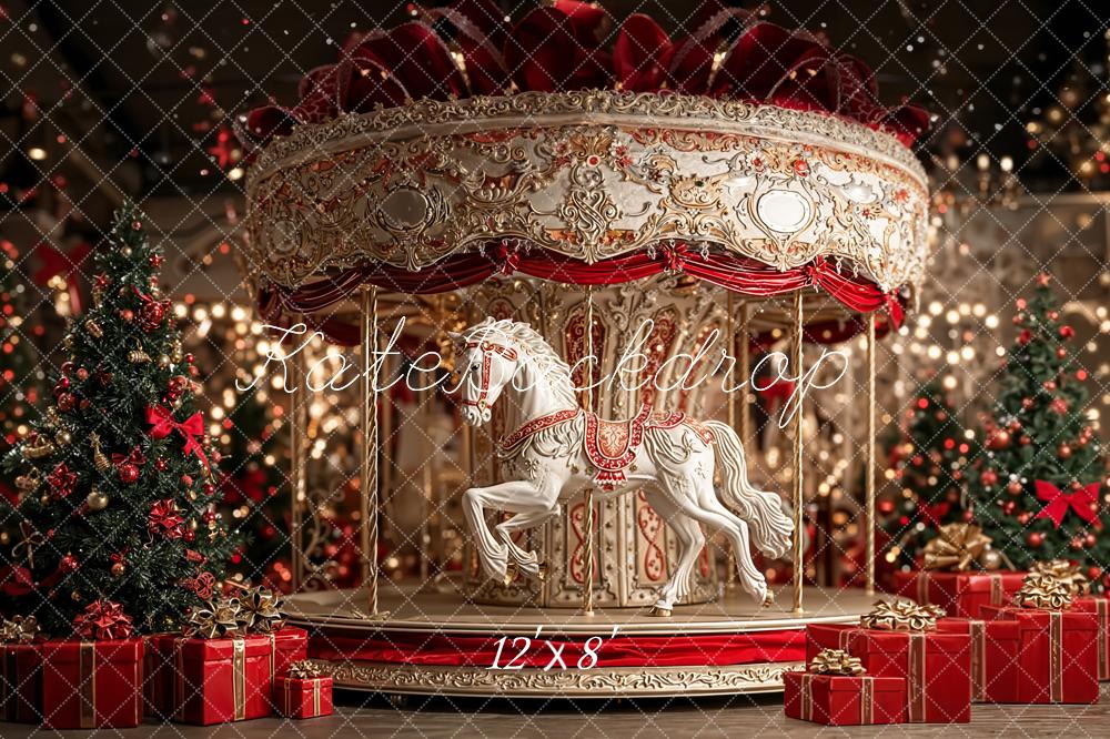 Kate Christmas Carousel White Horse Red Gifts Backdrop Designed by Emetselch