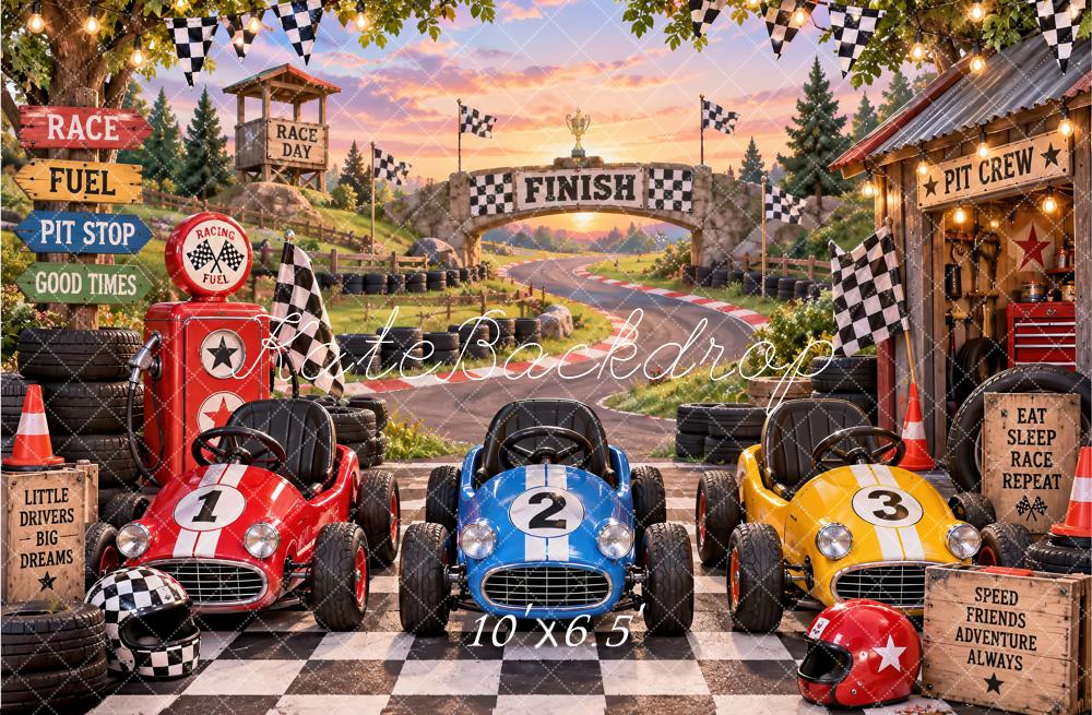 Kate Cake Smash Race Car Pit Stop Checkered Flags Printed Backdrop Designed by Laura Bybee