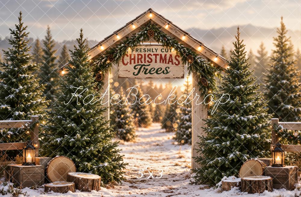 Lightning Deal Kate Christmas Snowy Tree Farm Arch Rustic Wood Printed Backdrop Designed by Emetselch