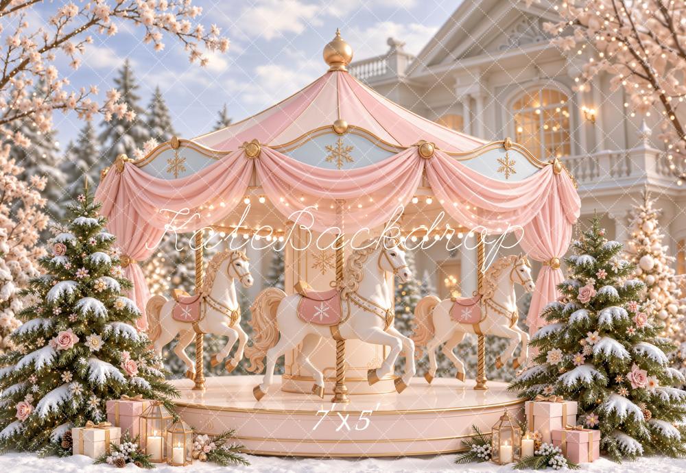 Kate Christmas Pink Carousel Snowy Trees Printed Backdrop Designed by Emetselch