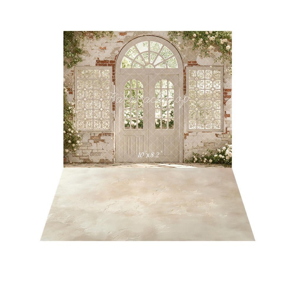 Kate Spring White Brick Arch Door Floral Window Printed Backdrop+Beige Abstract Texture Printed Floor Backdrop
