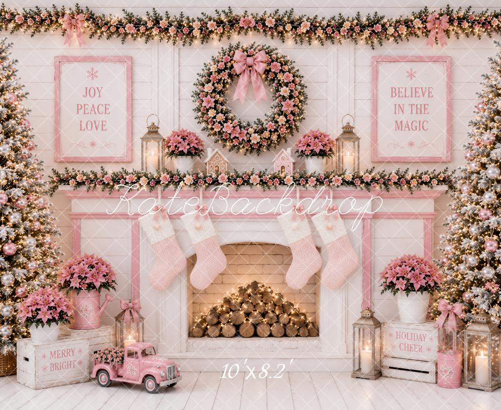 Kate Christmas Pink Floral Fireplace Wreath Stockings Printed Backdrop Designed by Ashley Paul