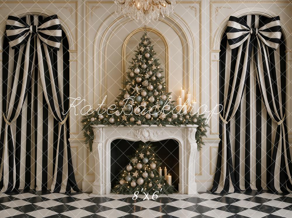 Kate Christmas Chic Black White Striped Bow Curtains Fireplace Backdrop Designed by Ashley Paul