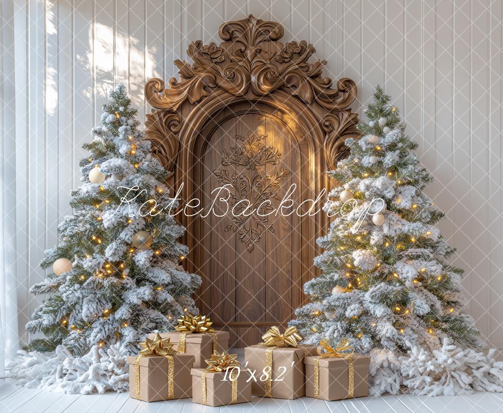 Kerstboom Retro Houten Boog Deur Geschenk Foto Achtergrond Designed by Mini MakeBelieve