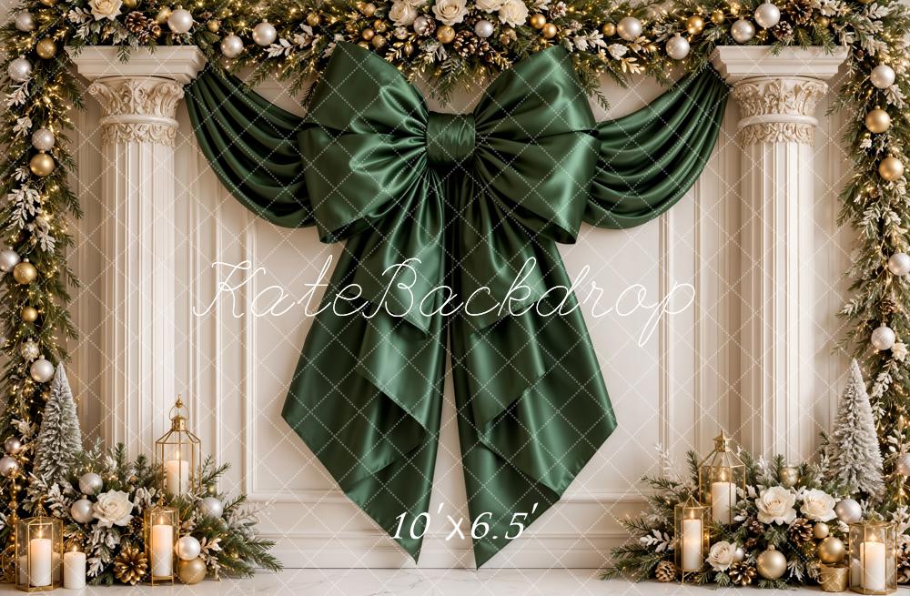 Kate Christmas Green Bow Garland Vintage Columns Printed Backdrop Designed by Emetselch