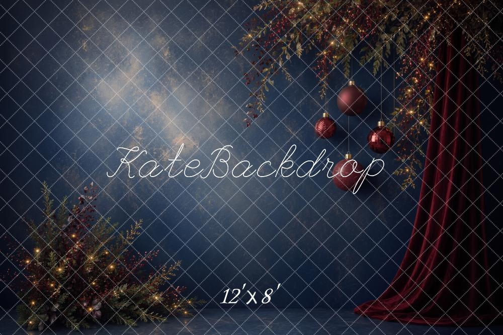 Kate Christmas Navy Abstract Ornaments Red Curtain Printed Backdrop Designed by Ashley Ward