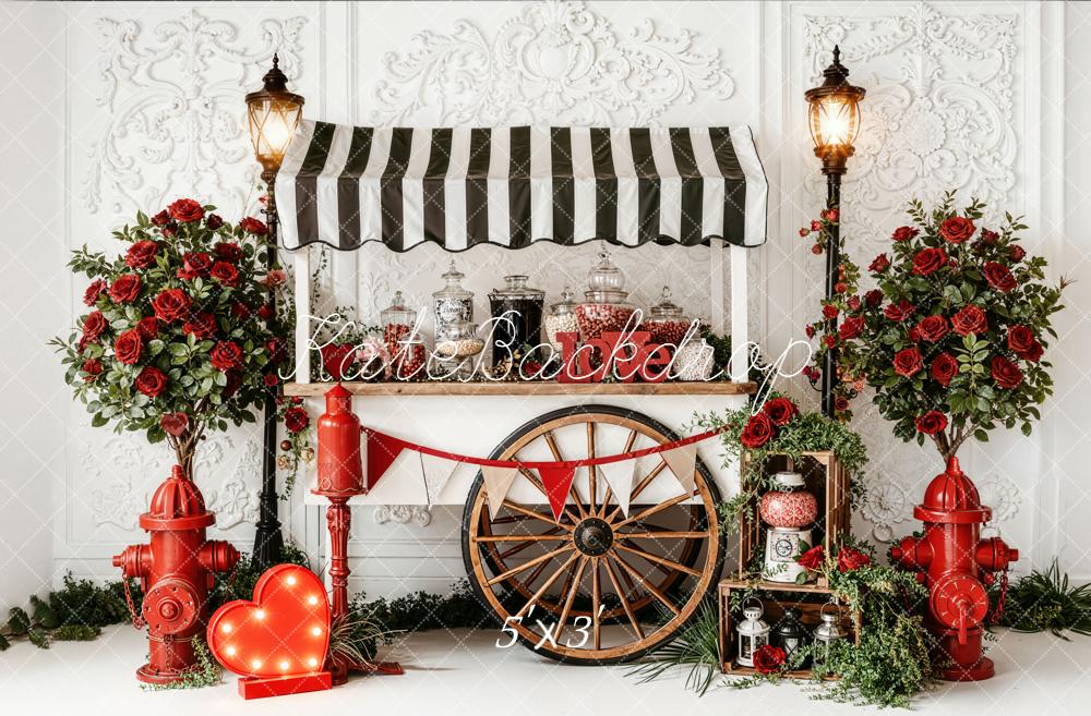 Kate Valentine's Day Candy Cart Red Roses Fire Hydrants Printed Backdrop Designed by Emetselch