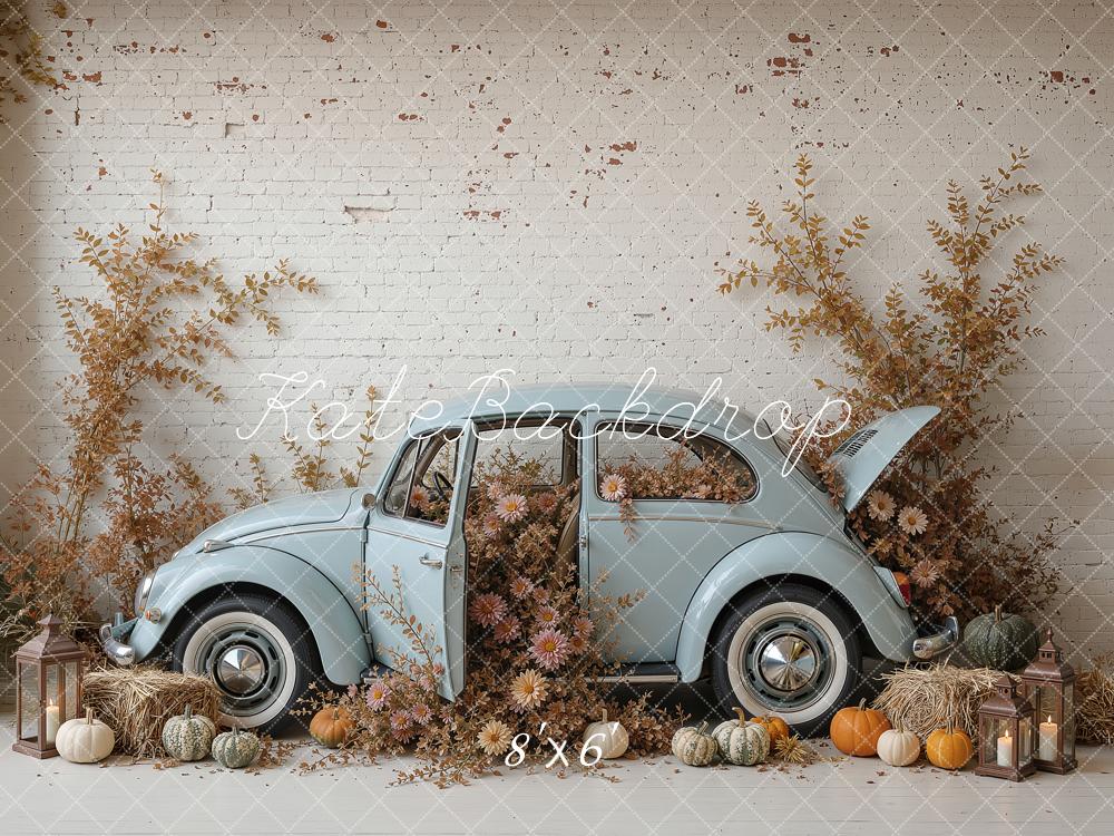 Kate Fall Vintage Blue Car Pumpkins White Brick Wall Printed Backdrop Designed by Ashley Ward