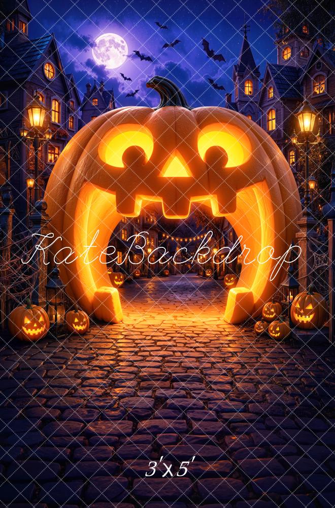 Kate Halloween Trunk or Treat Pumpkin Arch Haunted Village Cobblestone Printed Backdrop Designed by Mini MakeBelieve