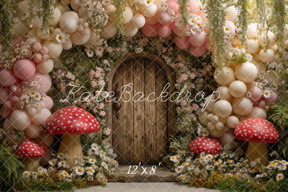 Kate Fairy Spring Balloon Arch Wooden Door Mushrooms Flowers Backdrop Designed by Ashley Paul