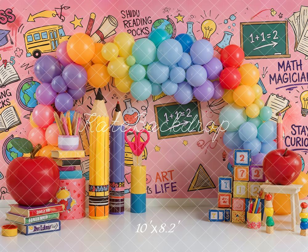 Kate Back to School Rainbow Balloon Pencil Apple Books Printed Backdrop Designed by Emetselch