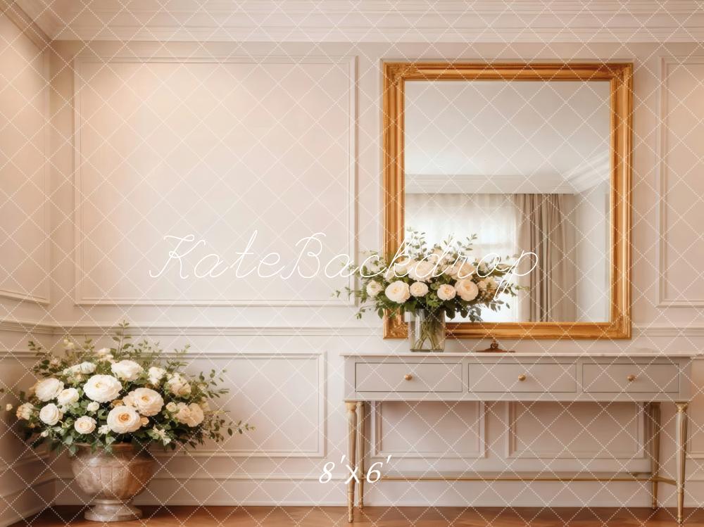 Kate Elegant White Room Gold Mirror Console Flowers Printed Backdrop Designed by Vertigo Productions