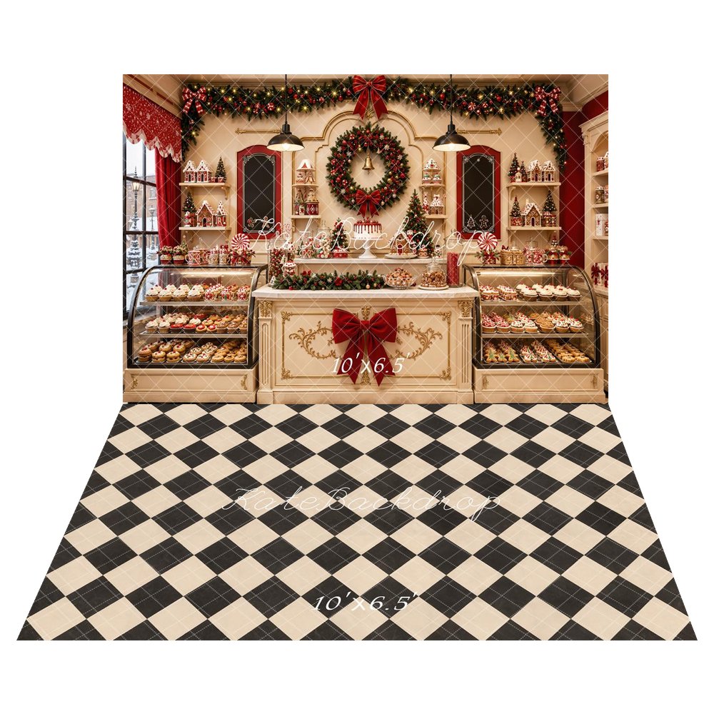 Kate Christmas Bakery Shop Cupcake Wreath Garland Printed Backdrop+Black And Beige Buffalo Plaid Printed Backdrop