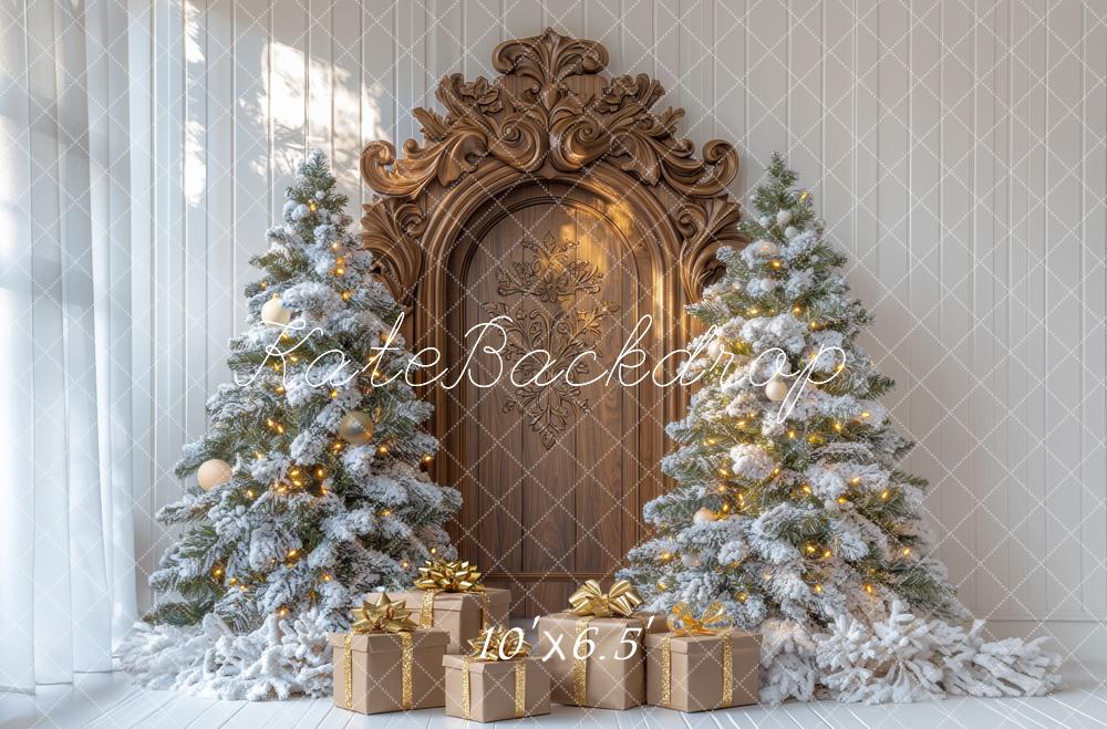 Kerstboom Retro Houten Boog Deur Geschenk Foto Achtergrond Designed by Mini MakeBelieve