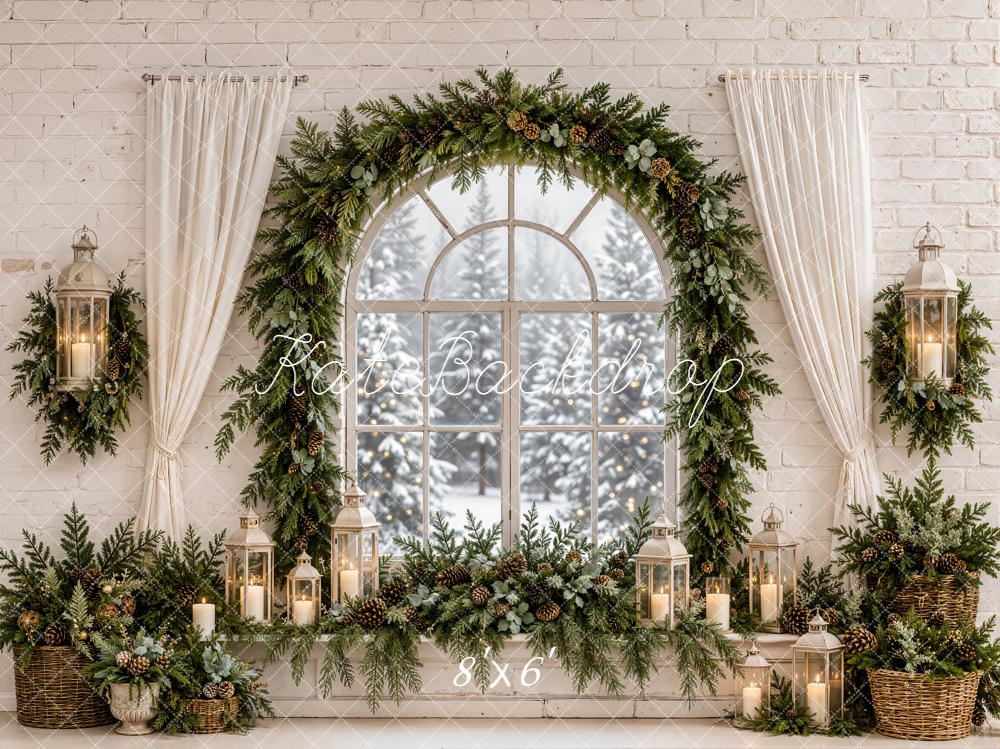 Kate Christmas Evergreen Garland Arched Window Lanterns Printed Backdrop Designed by Emetselch
