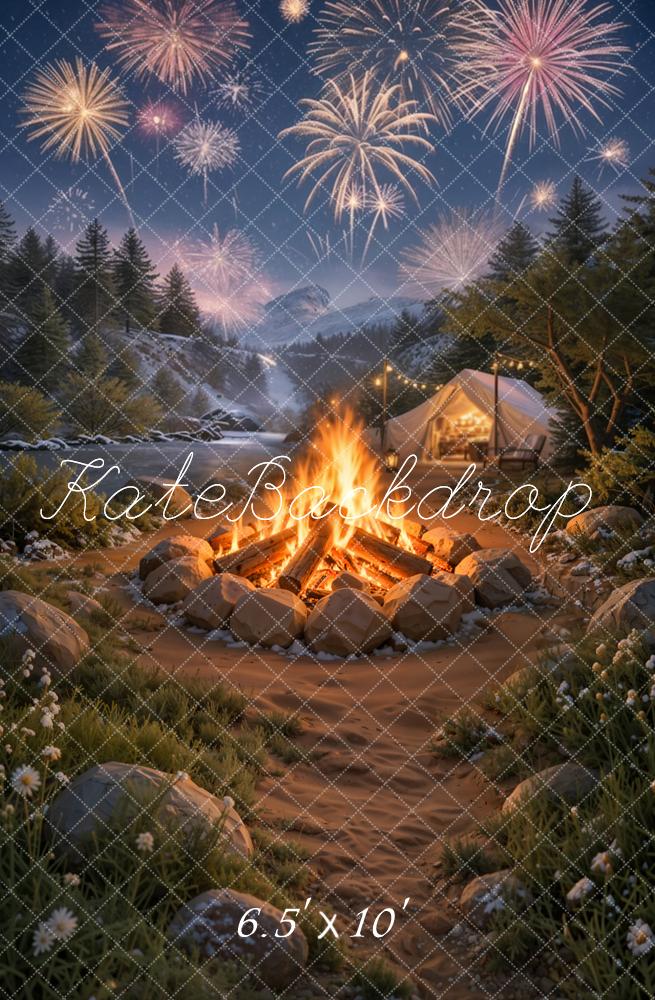 Kate Winter Fireworks Campfire Tent Mountain Camping Printed Backdrop Designed by Emetselch