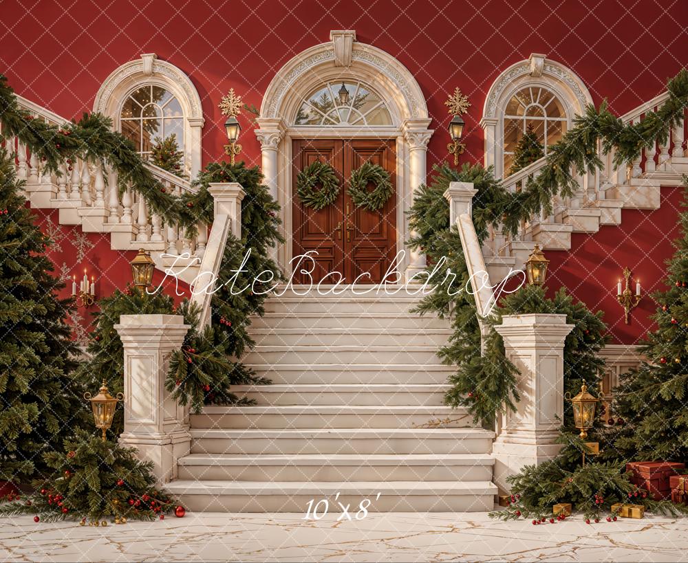 Fondo de Escaleras en Cascada de Navidad en Mansion Roja con Guirnaldas y Árboles Diseñado por Emetselch