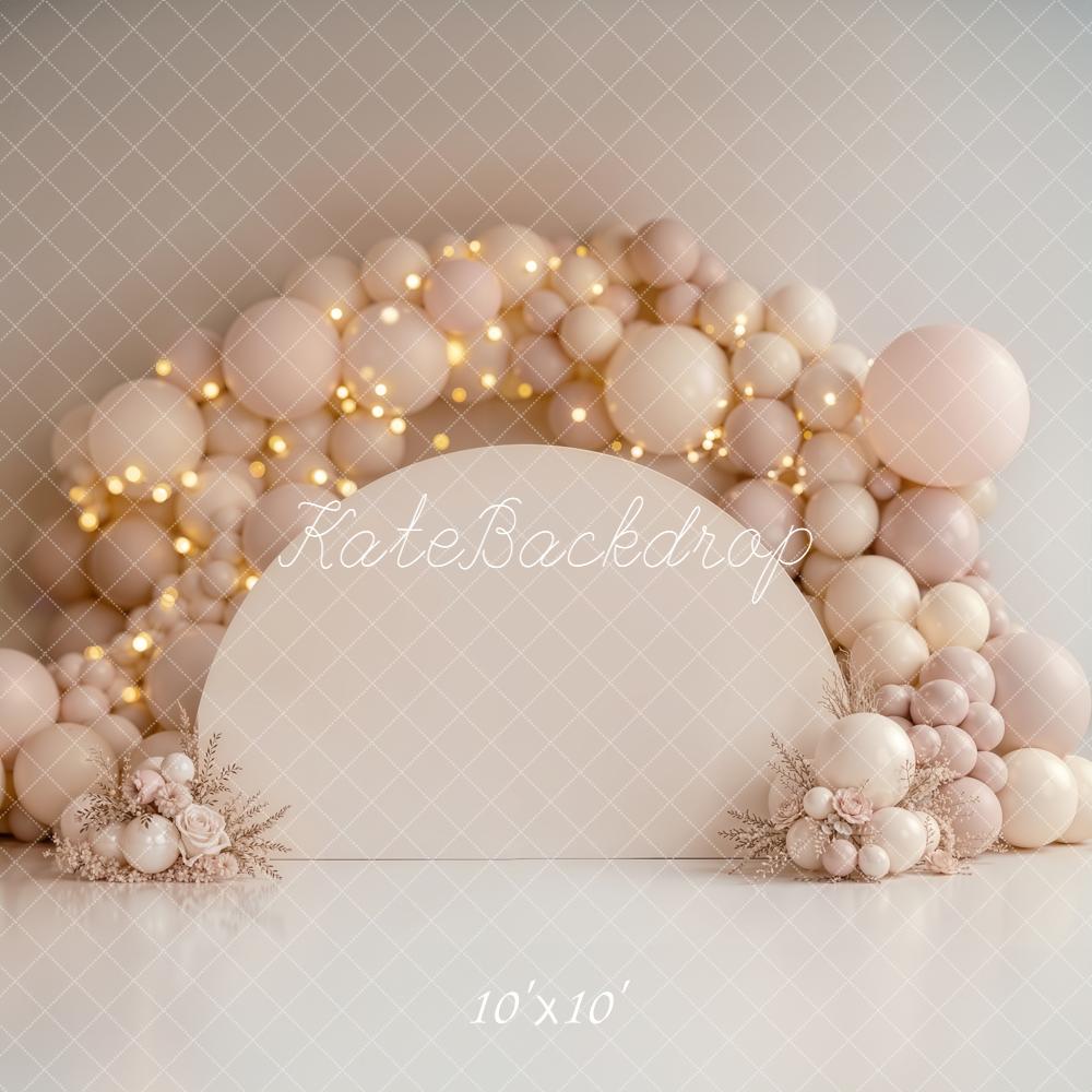 Kate Cake Smash Neutral Balloon Arch with Floral Arrangements and Fairy Lights Printed Backdrop Designed by Emetselch