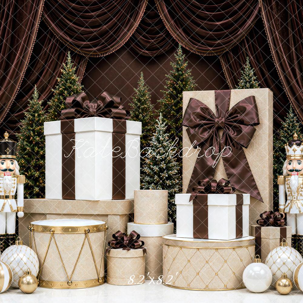 Kate Christmas Nutcracker Gift Boxes Tree Brown Curtains Printed Backdrop Designed by Mini MakeBelieve