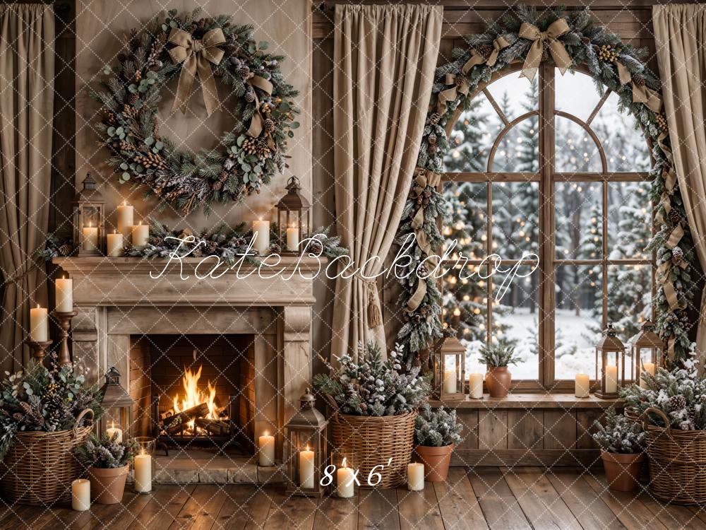Kate Christmas Rustic Fireplace Window Wreath Printed Backdrop Designed by Emetselch