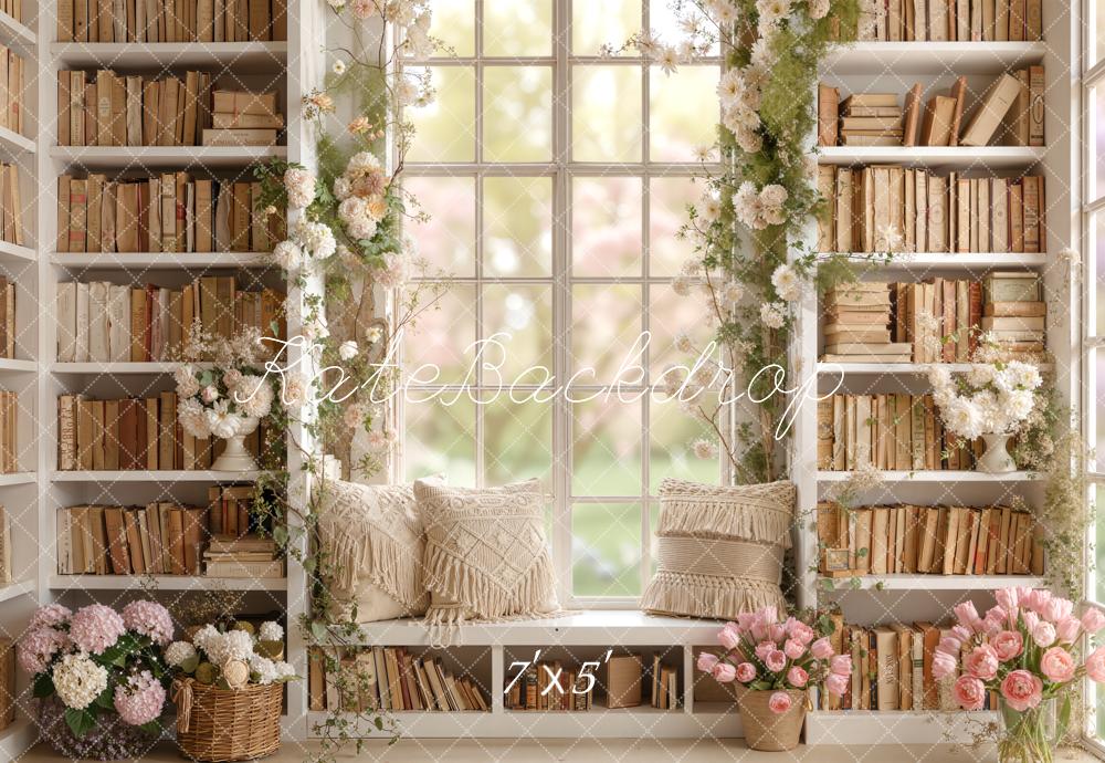 Kate Spring Bookshelf Window Seat Flowers Pillows Backdrop Designed by Emetselch