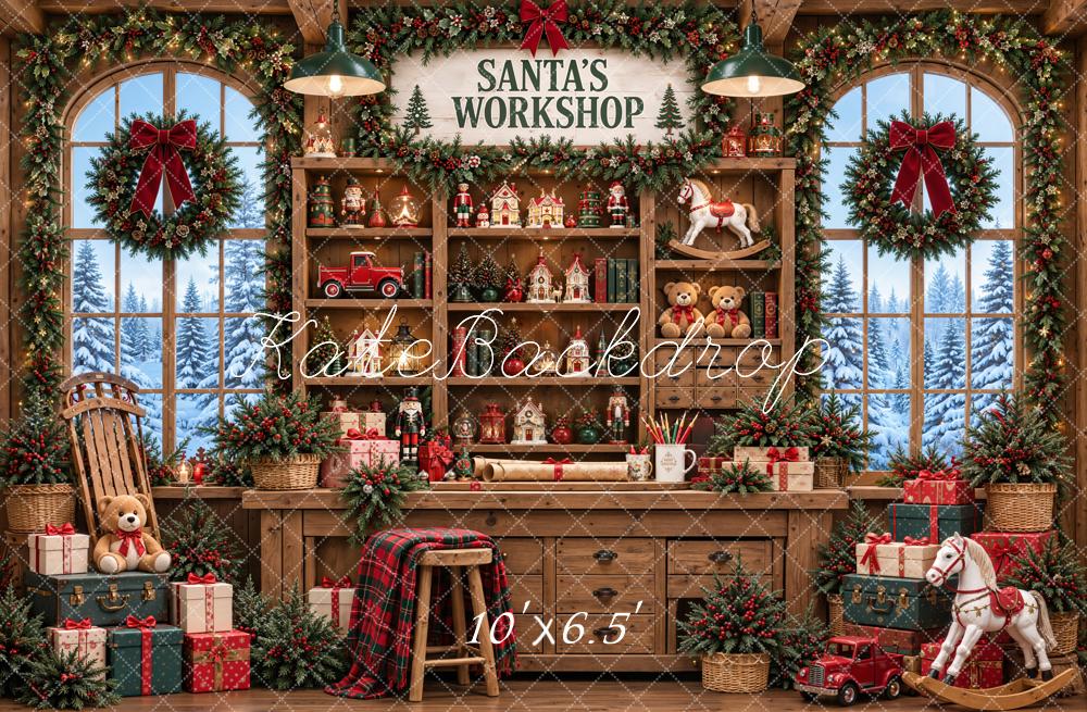 Kate Christmas Santa's Workshop Rustic Toy Cabinet Window Wood Printed Backdrop Designed by Emetselch