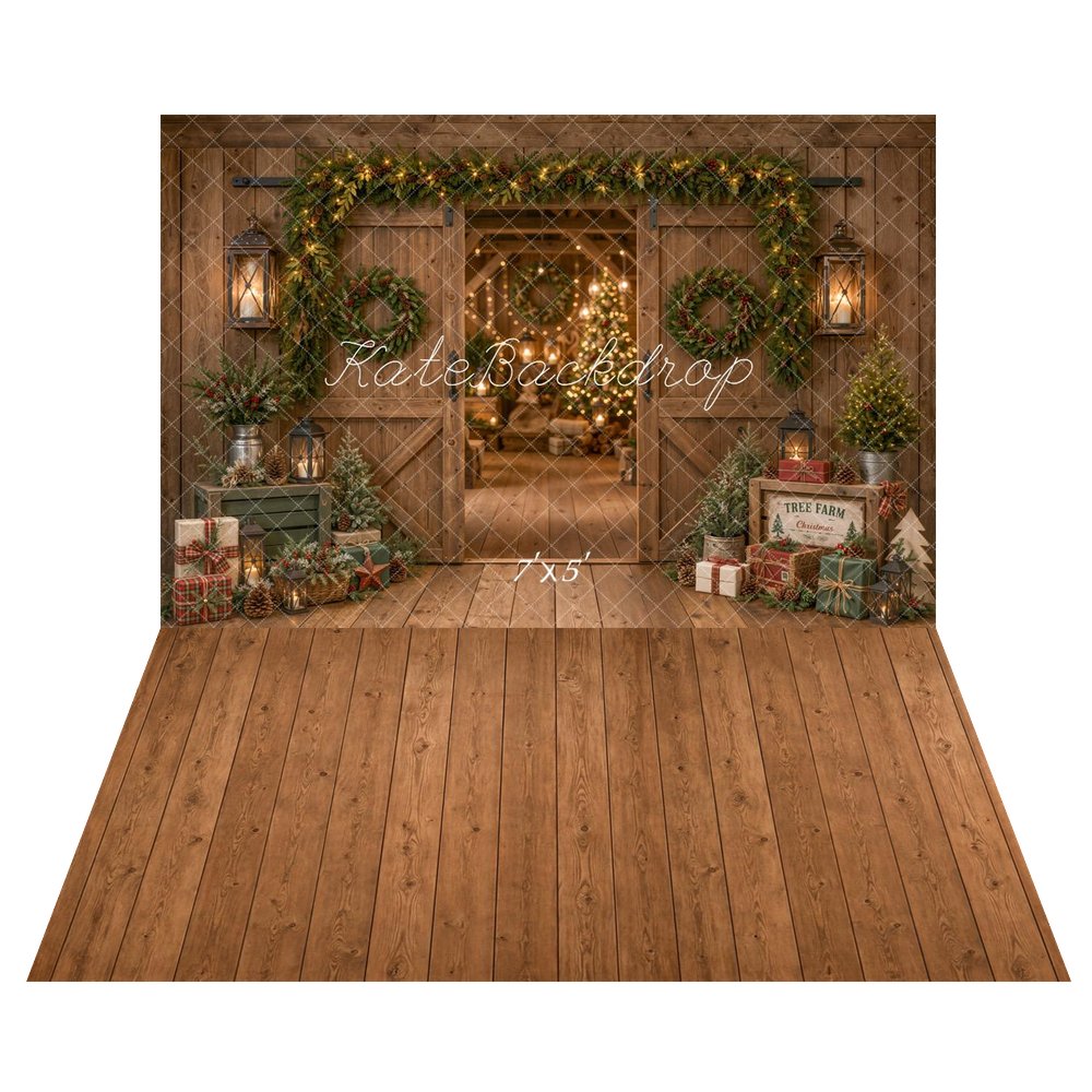 Kate Christmas Rustic Barn Door Garland Wreath Trees Printed Backdrop+Brown Wood Plank Floor Printed Backdrop