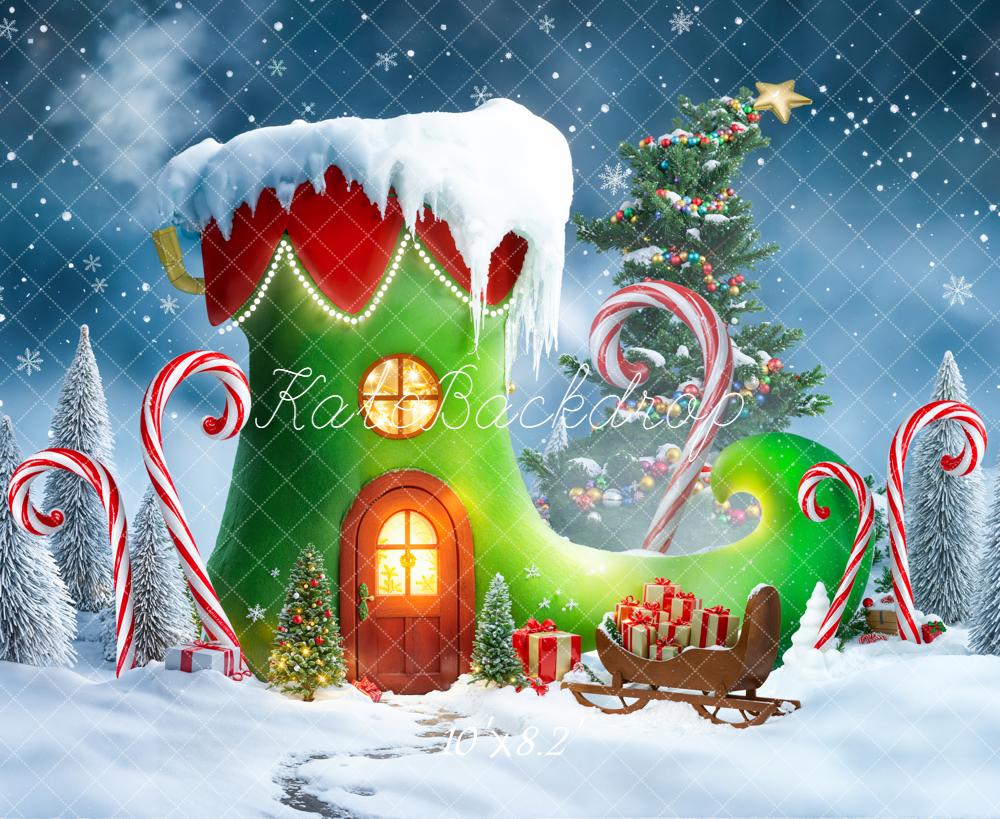 Kate Christmas Elf Shoe House Candy Cane Snowy Trees Backdrop Designed by Emetselch