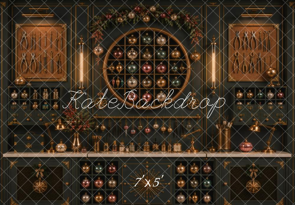 Kate Christmas Dark Cabinet Ornaments Workshop Printed Backdrop Designed by Vertigo Productions