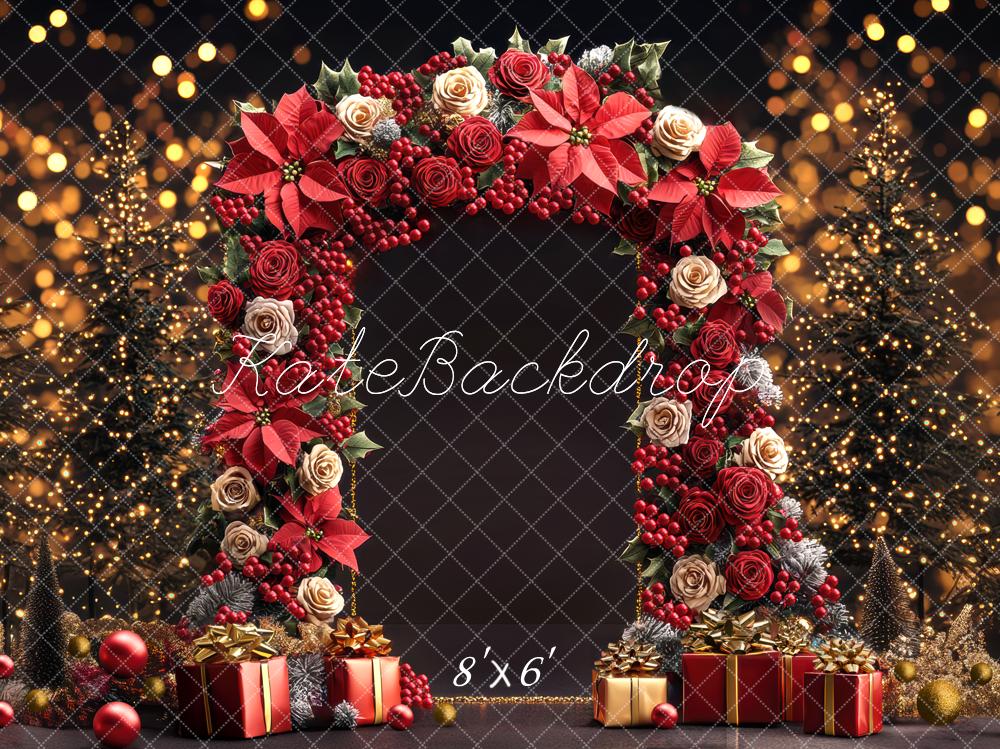 Cajas de regalo de Poinsettia de Navidad Arch Luces de árbol Fondo