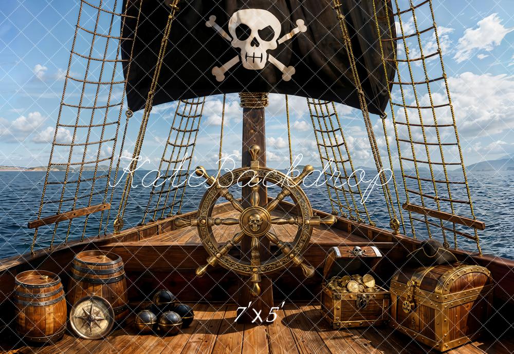Kate Pirate Ship Wheel Treasure Chest Ocean Backdrop Designed by Emetselch