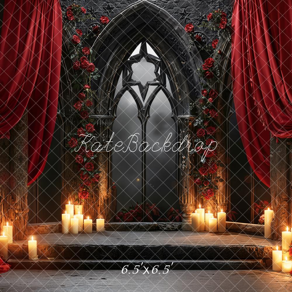 Kate Valentines Gothic Arch Window Red Drapes Roses Candles Backdrop Designed by Emetselch