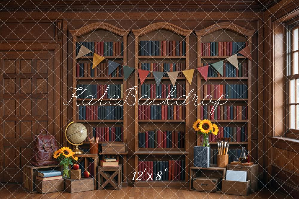 Kate School Vintage Library Bookshelf Study Printed Backdrop Designed by Mini MakeBelieve