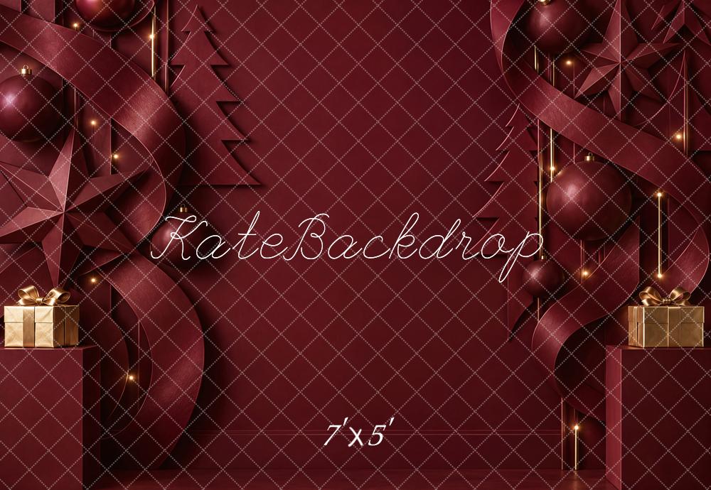 Kate Christmas Burgundy Modern Ribbon Ornaments Printed Backdrop Designed by Vertigo Productions