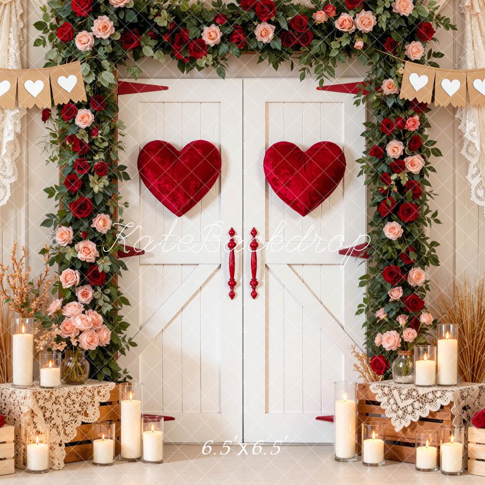 Kate Valentine's Day White Doors Heart Flower Arch Printed Backdrop Designed by Mini MakeBelieve