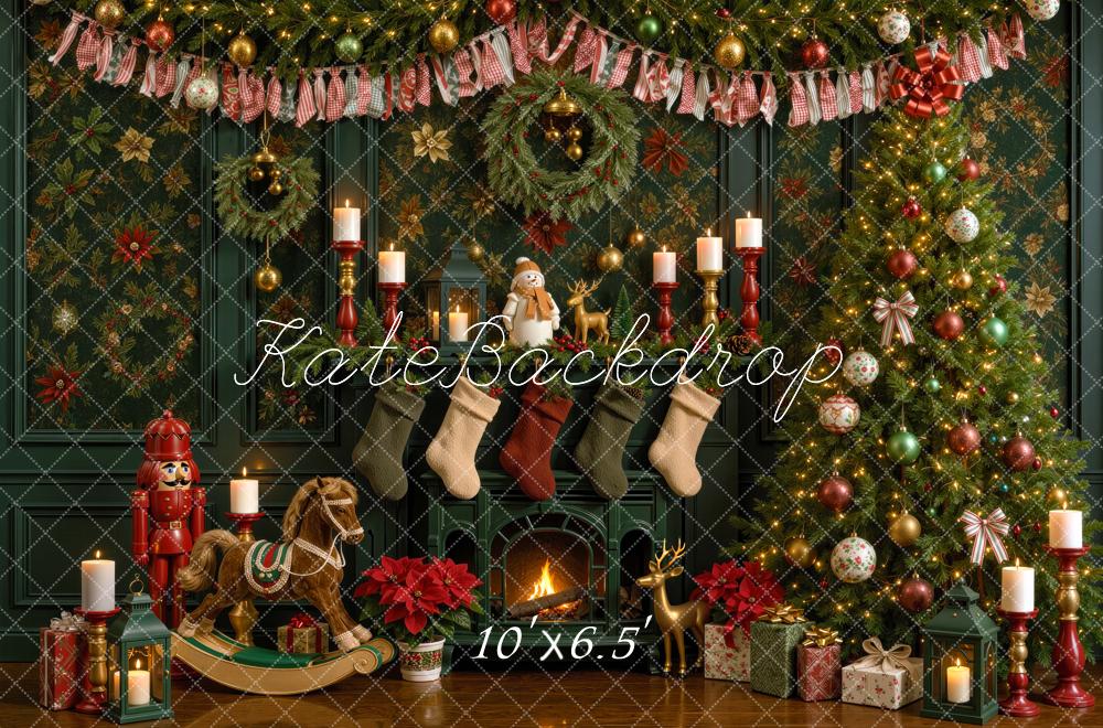Kate Christmas Tree Green Fireplace Rocking Horse Printed Backdrop Designed by Mini MakeBelieve